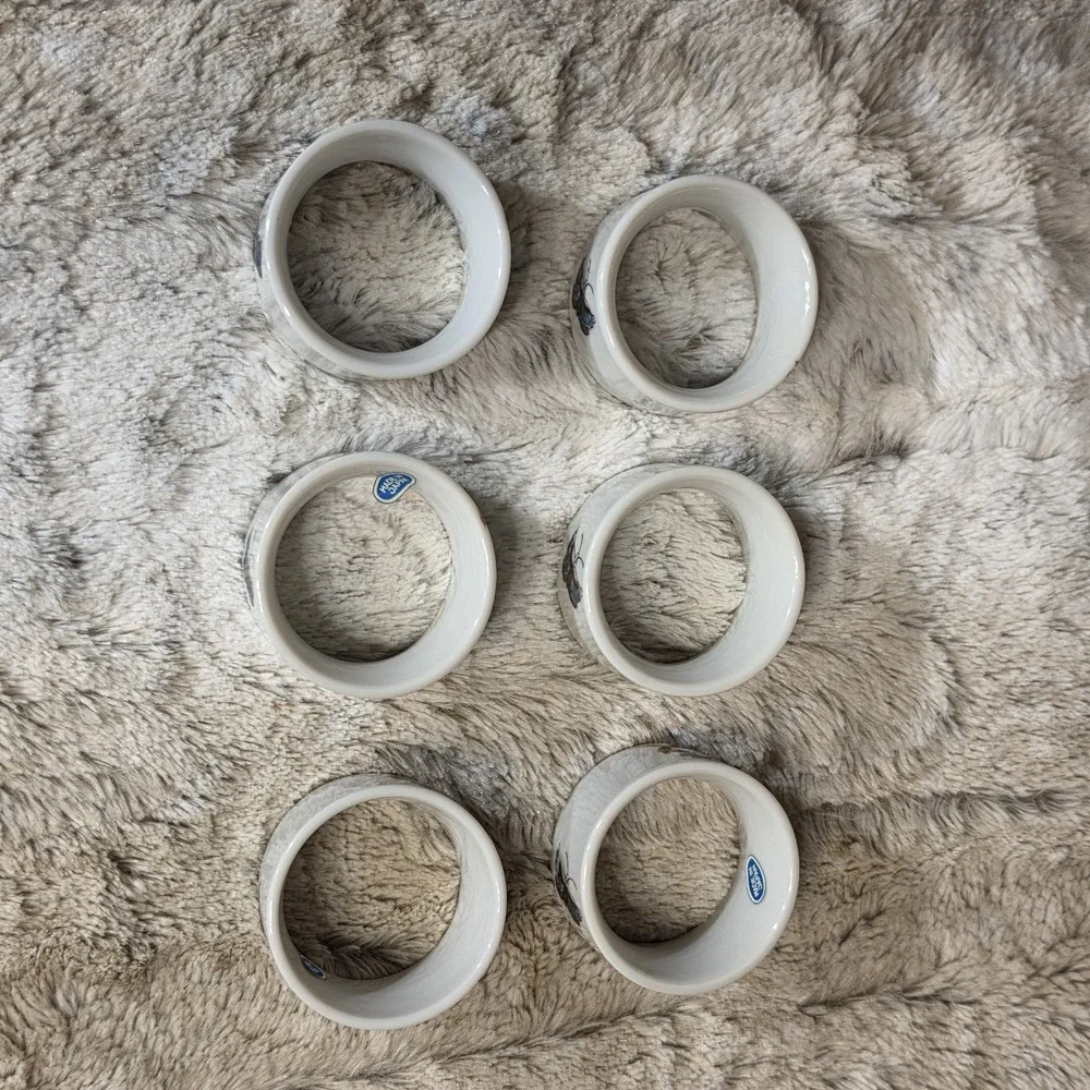 6 Vintage Shafford Chinese Garden Porcelain Napkin Rings Japan Hand-Painted Bird
